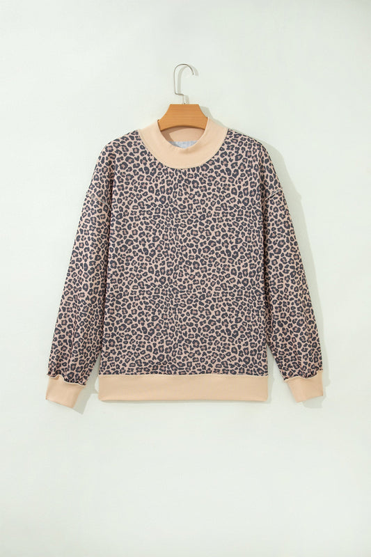 multicolor leopard print high neck ribbed trim sweatshirt with leopard print, high neckline and ribbed trim, women’s boutique fashion