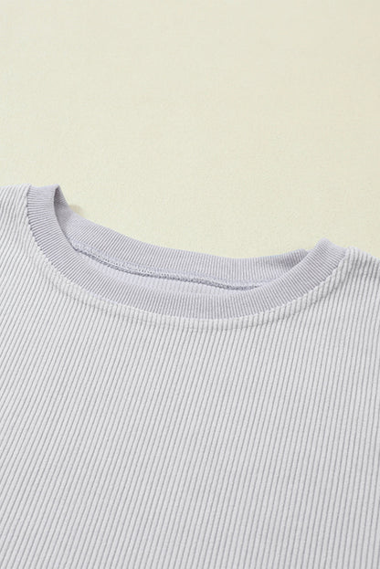 White ribbed corduroy oversized long sleeve sweatshirt with cozy boutique styling