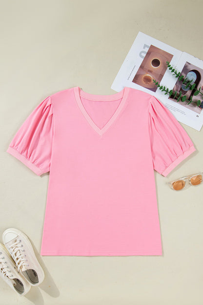 Plus Size Solid V-Neck Pleated Puff Sleeve Blouse Pretty Bash women's boutique top from Mollie Mae Boutique