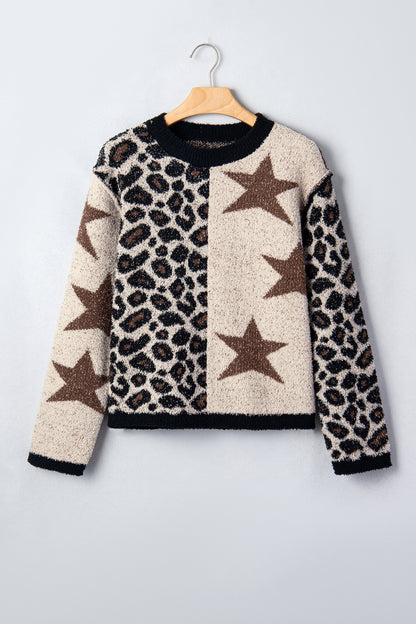 Smoke Gray Leopard Star Patchwork Round Neck Fuzzy Sweater with leopard print and patchwork detail women's boutique fashion
