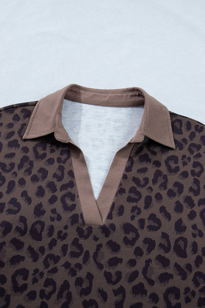 Brown leopard print collared V-neck top and matching shorts set boutique outfit