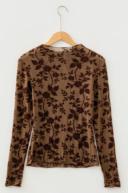 Apricot Floral Velvet Burnout Mesh Long Sleeve Top with floral detail and mesh texture women's boutique fashion