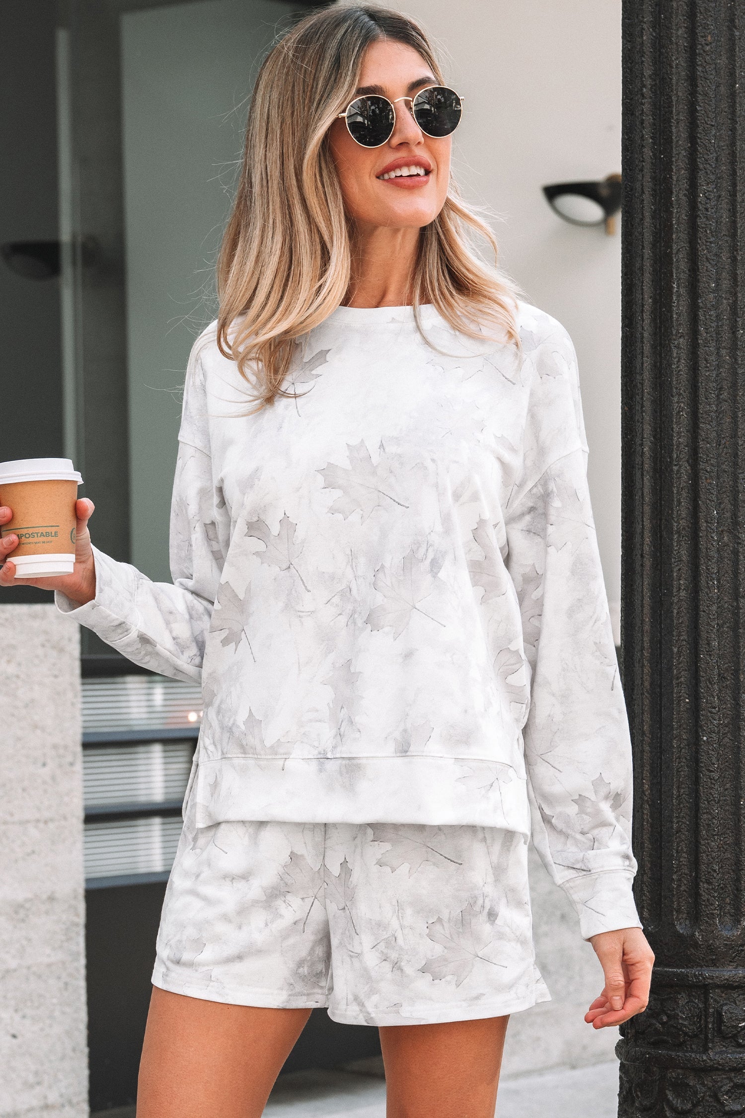Beige camo abstract short sleeve top and elastic waist shorts set boutique loungewear outfit