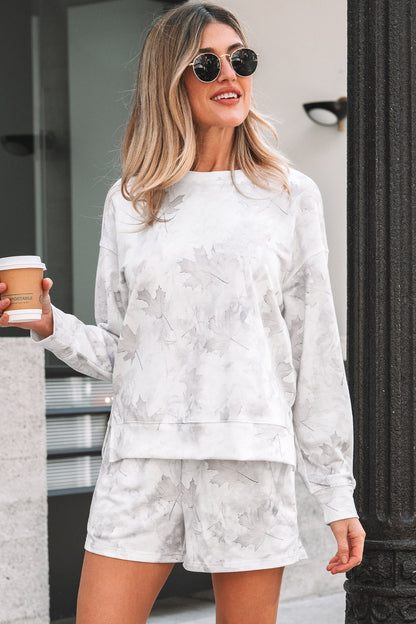 Beige camo abstract short sleeve top and elastic waist shorts set boutique loungewear outfit