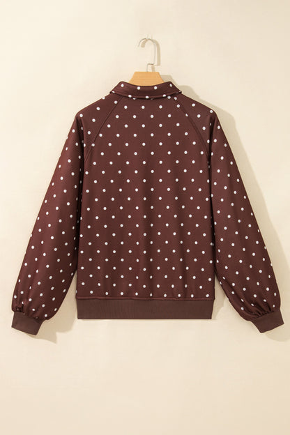 Pink polka dot button collar pullover sweatshirt with polka dot print, metal button collar and ribbed trim, women’s boutique fashion