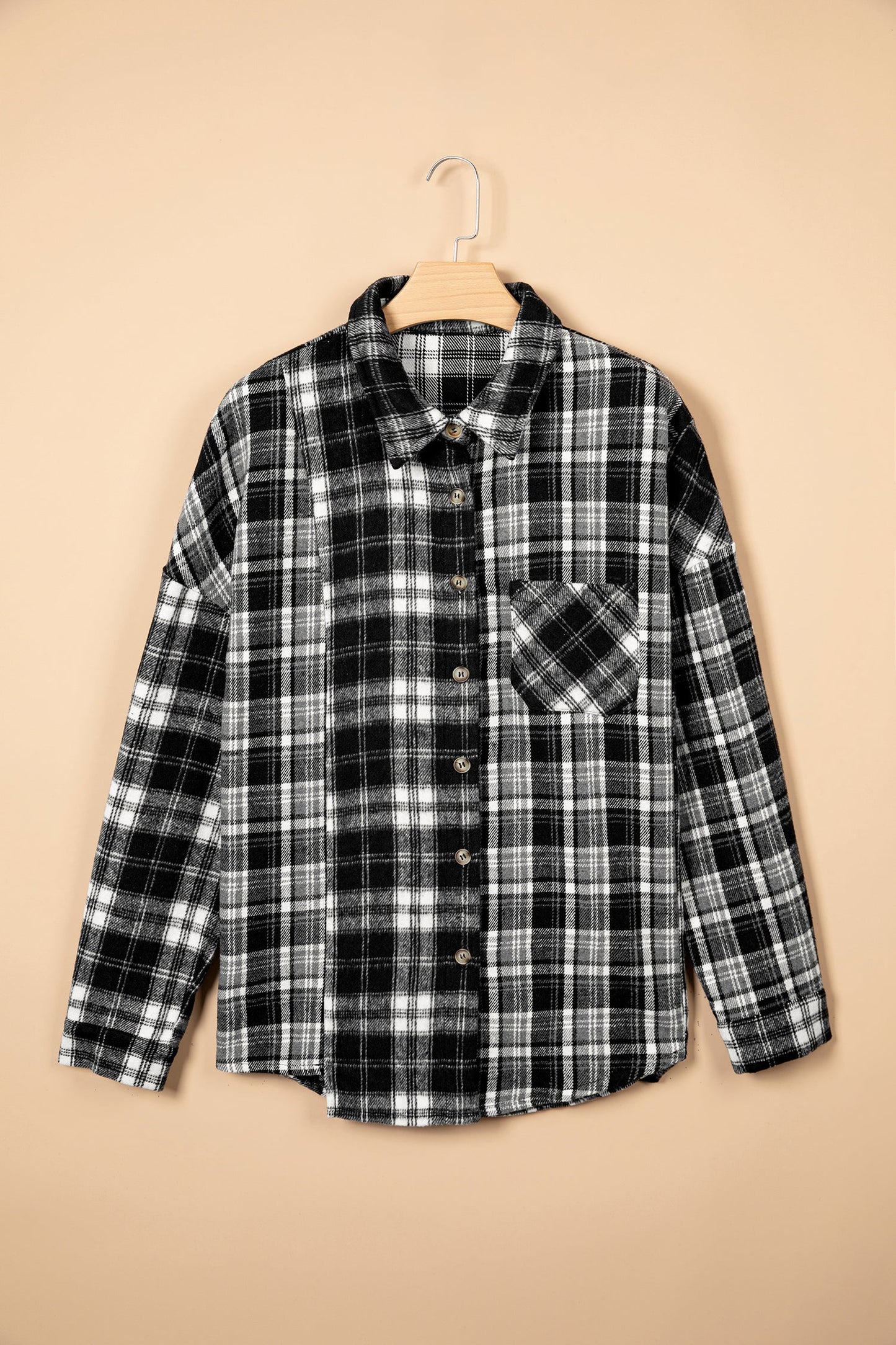 Black Plus Size Plaid Chest Pocket Long Sleeve Shacket with plaid detail women's boutique fashion