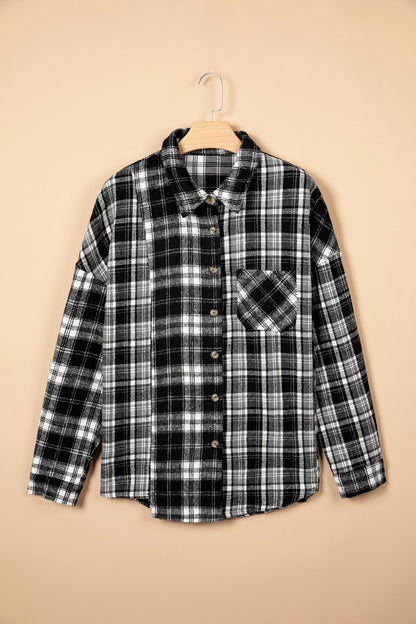 Black Plus Size Plaid Chest Pocket Long Sleeve Shacket with plaid detail women's boutique fashion