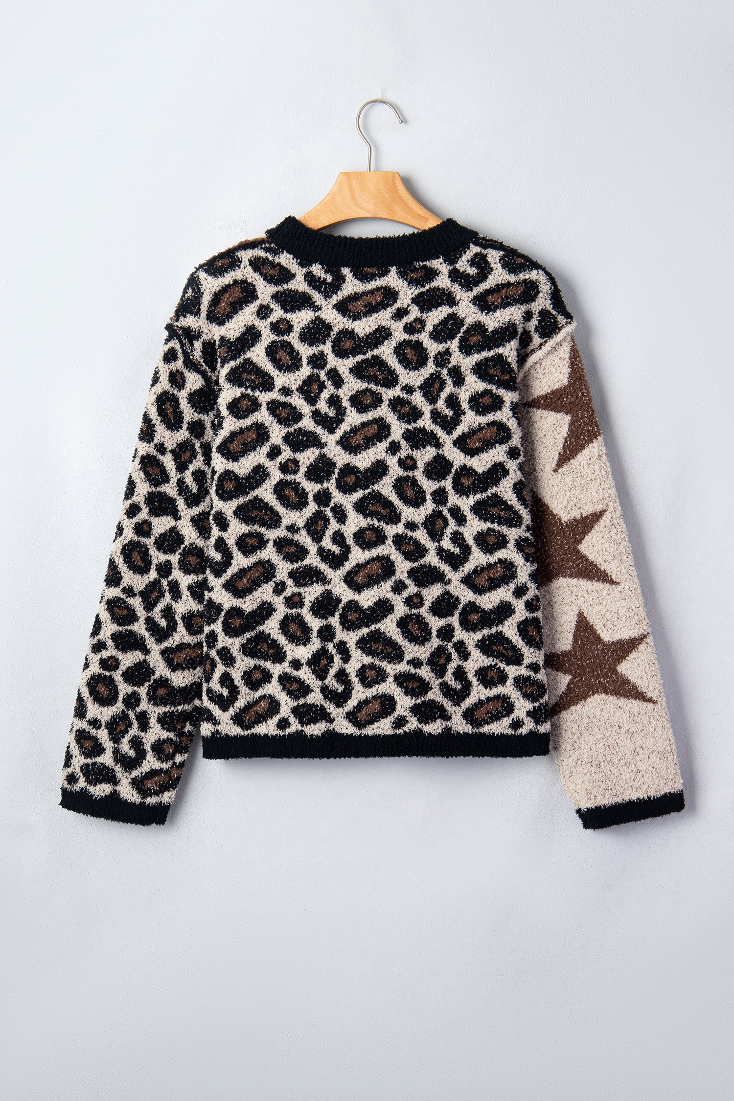 Smoke Gray Leopard Star Patchwork Round Neck Fuzzy Sweater with leopard print and patchwork detail women's boutique fashion