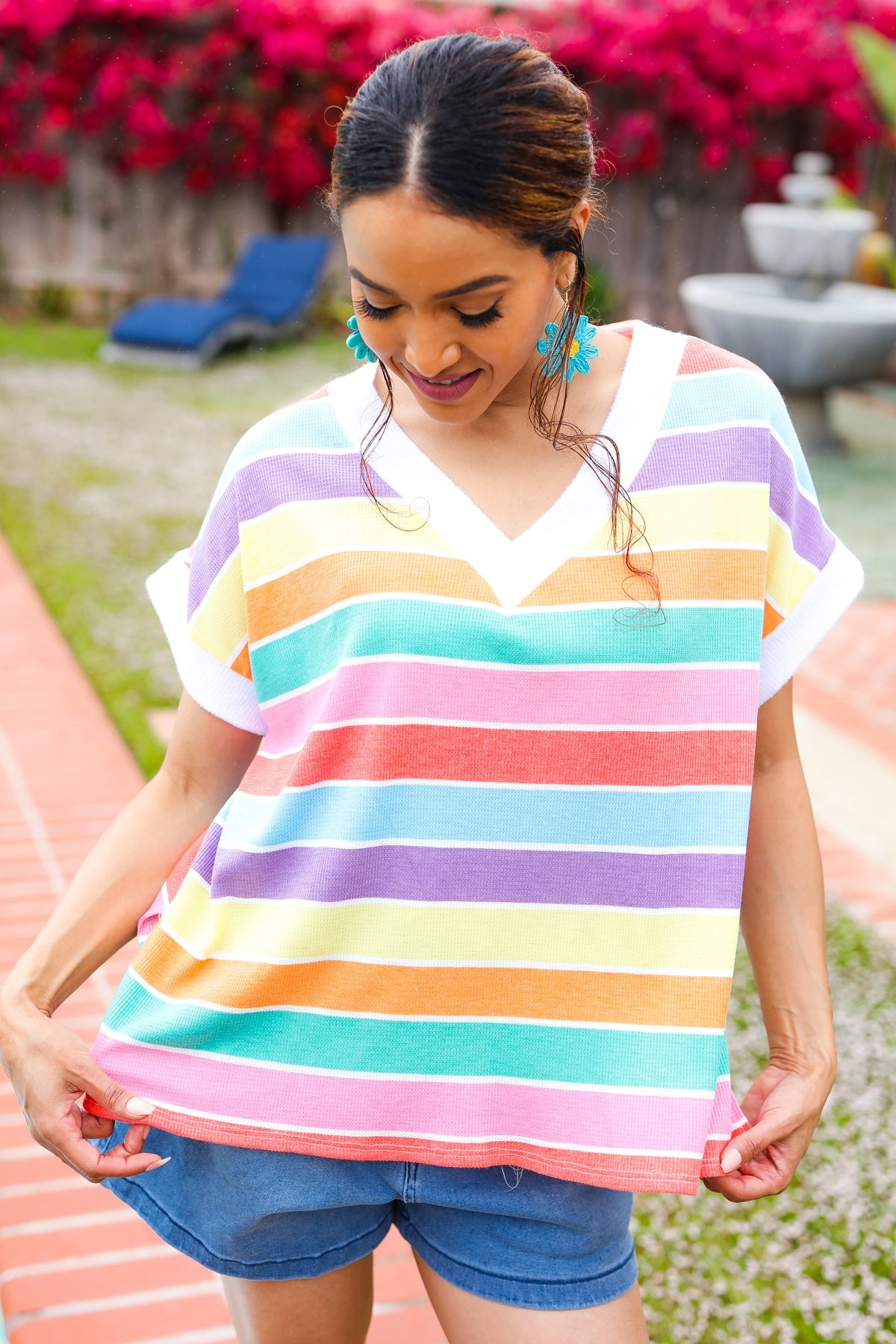 Haptics Rainbow Striped V Neck Drop Shoulder Thermal Knit Top