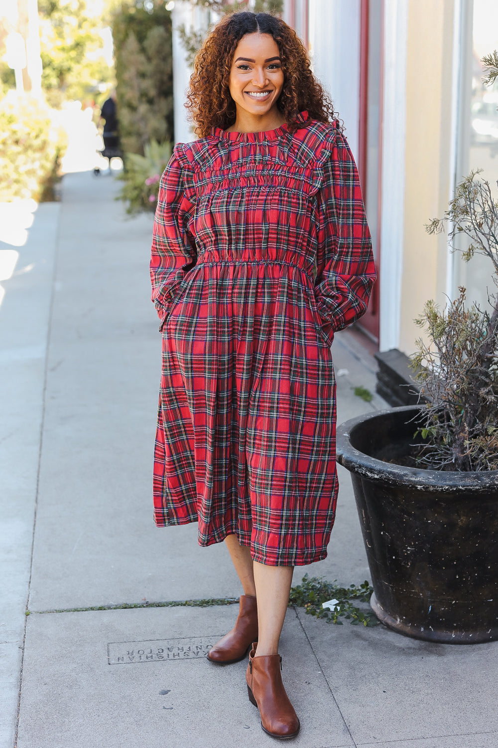 Hunter Red Plaid Check Woven Pocketed Dress