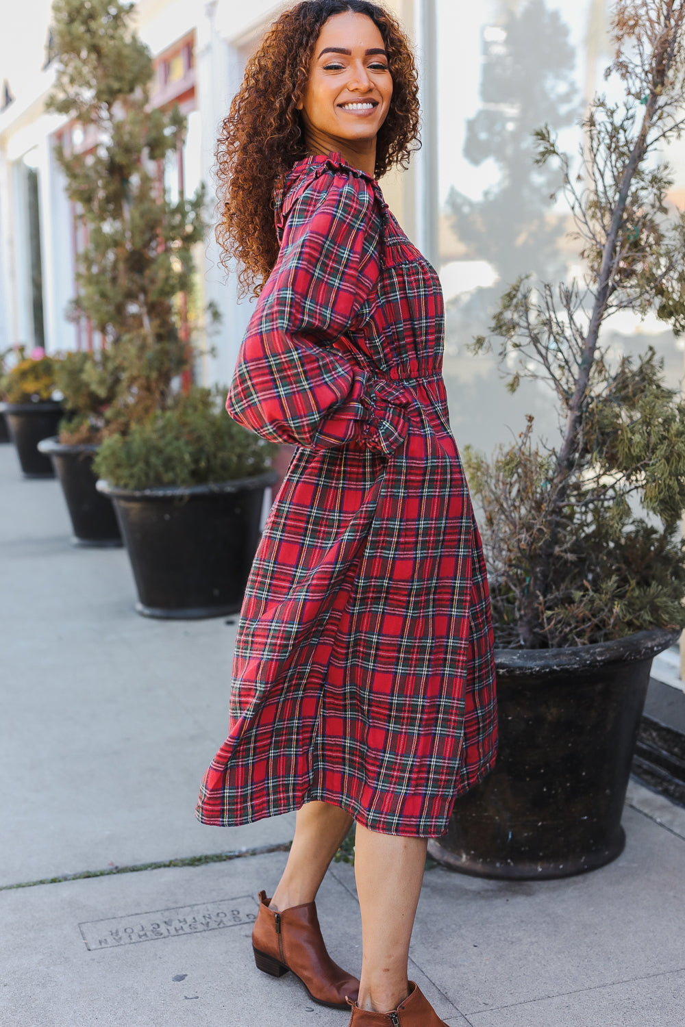 Hunter Red Plaid Check Woven Pocketed Dress