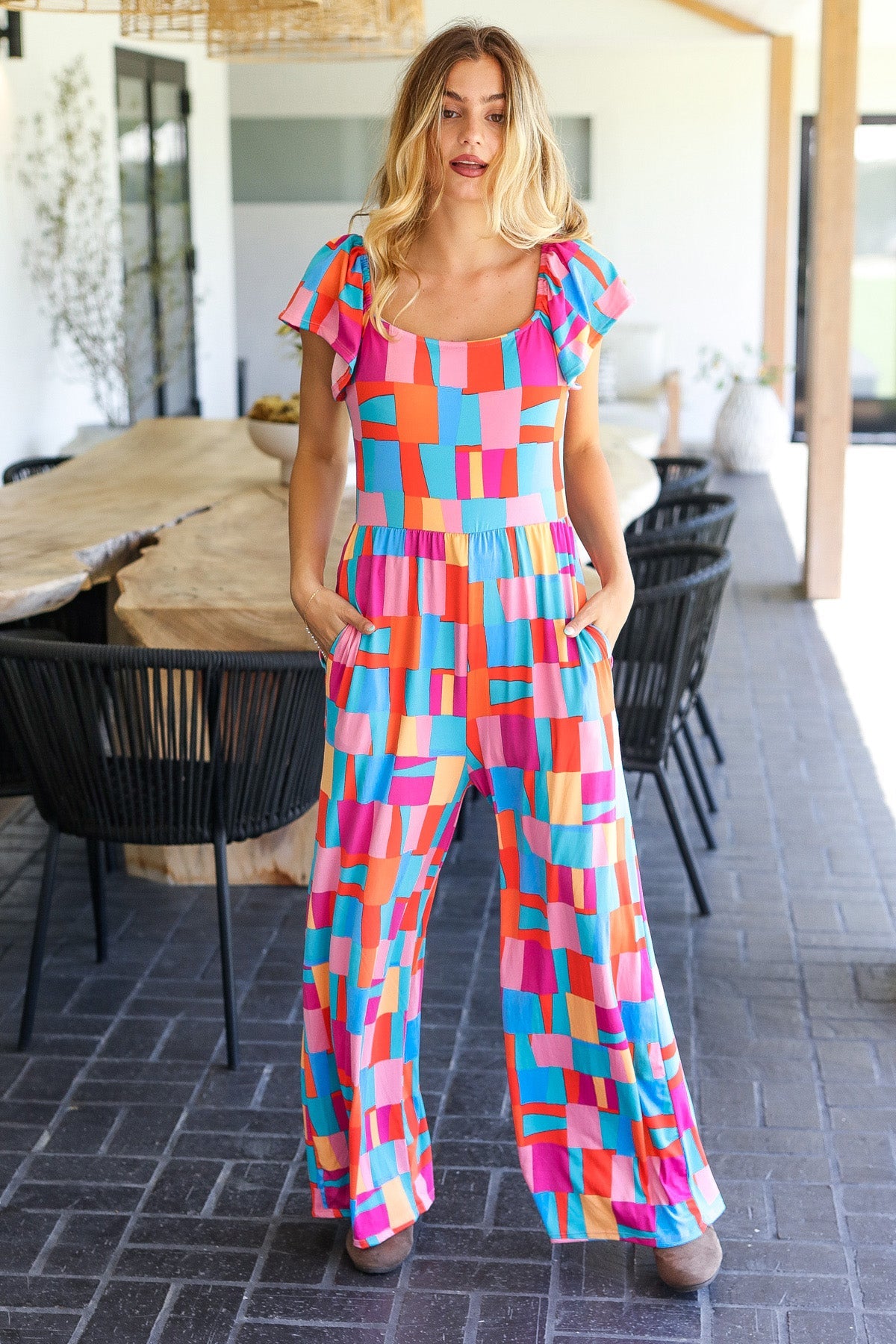 Haptics Scarlet & Aqua Geometric Print Wide Leg Jumpsuit