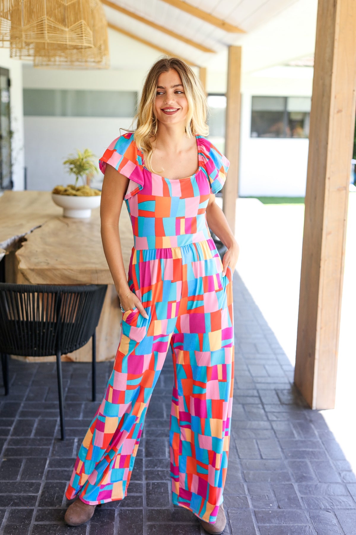 Haptics Scarlet & Aqua Geometric Print Wide Leg Jumpsuit