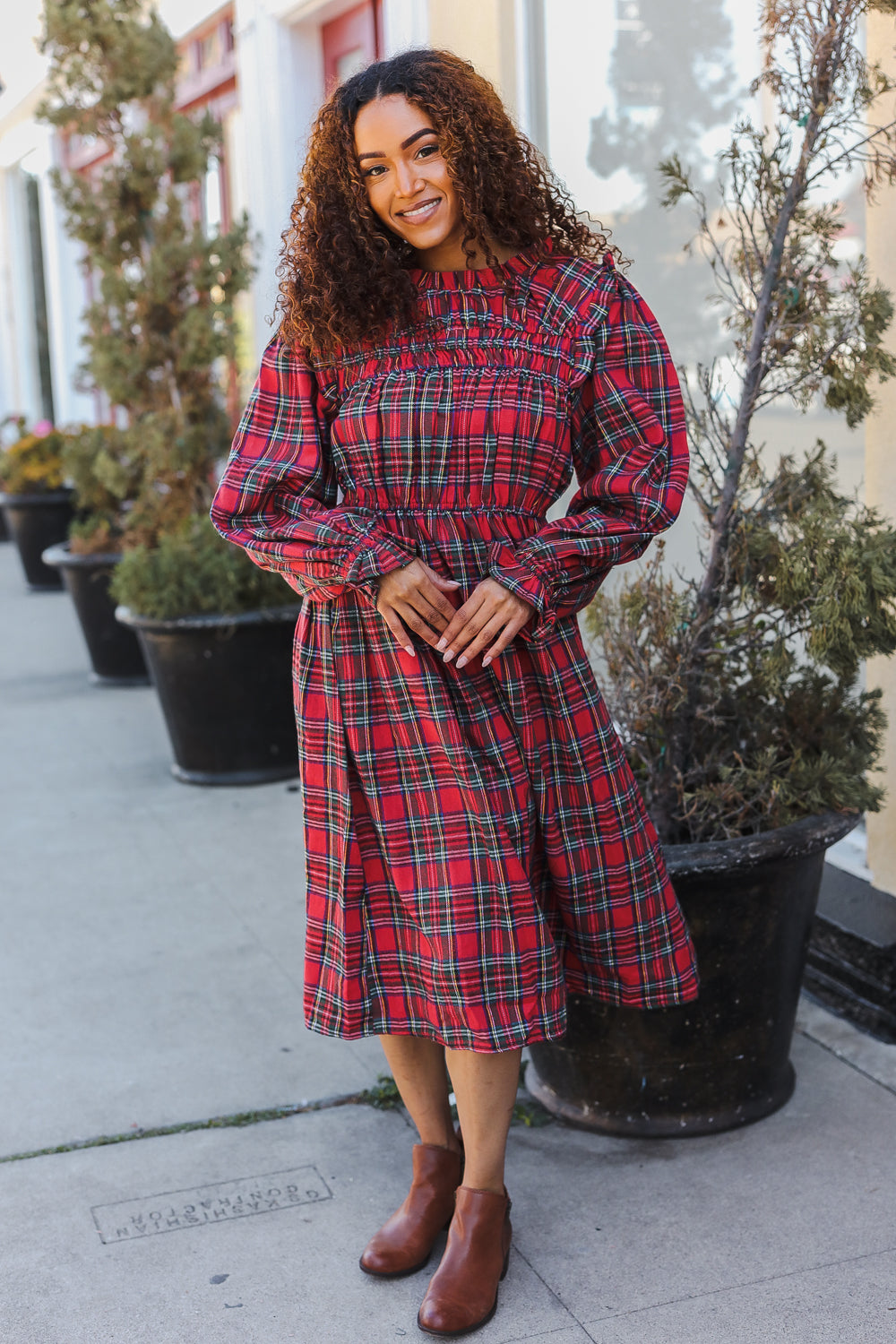 Hunter Red Plaid Check Woven Pocketed Dress