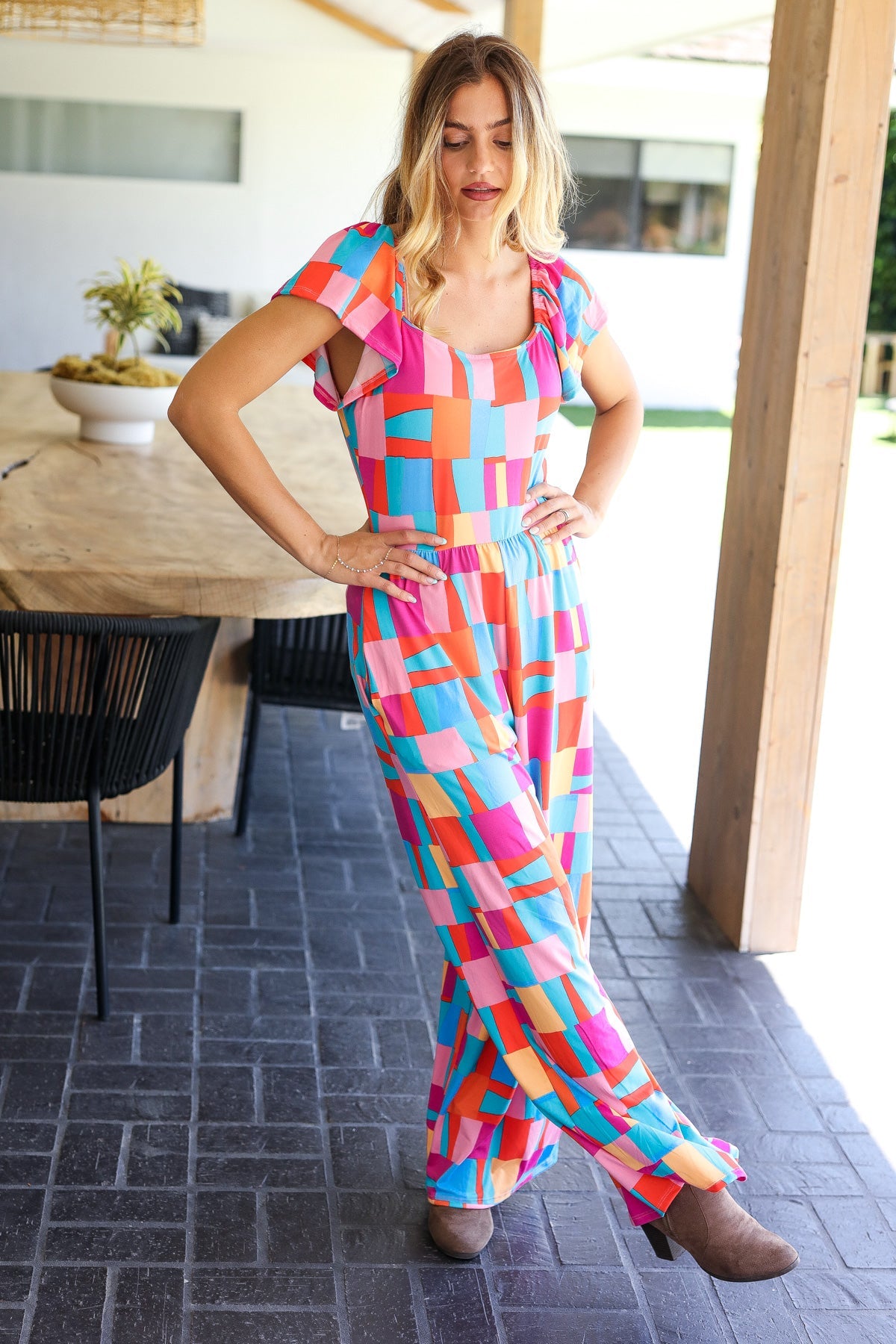 Haptics Scarlet & Aqua Geometric Print Wide Leg Jumpsuit