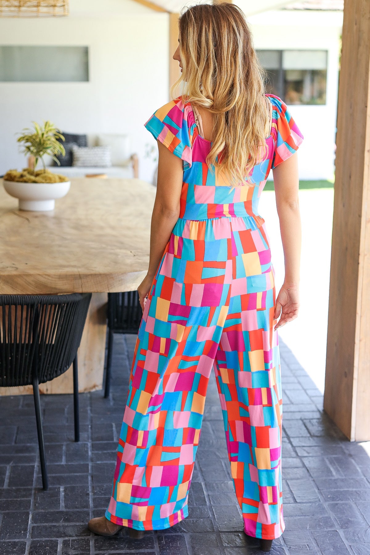 Haptics Scarlet & Aqua Geometric Print Wide Leg Jumpsuit