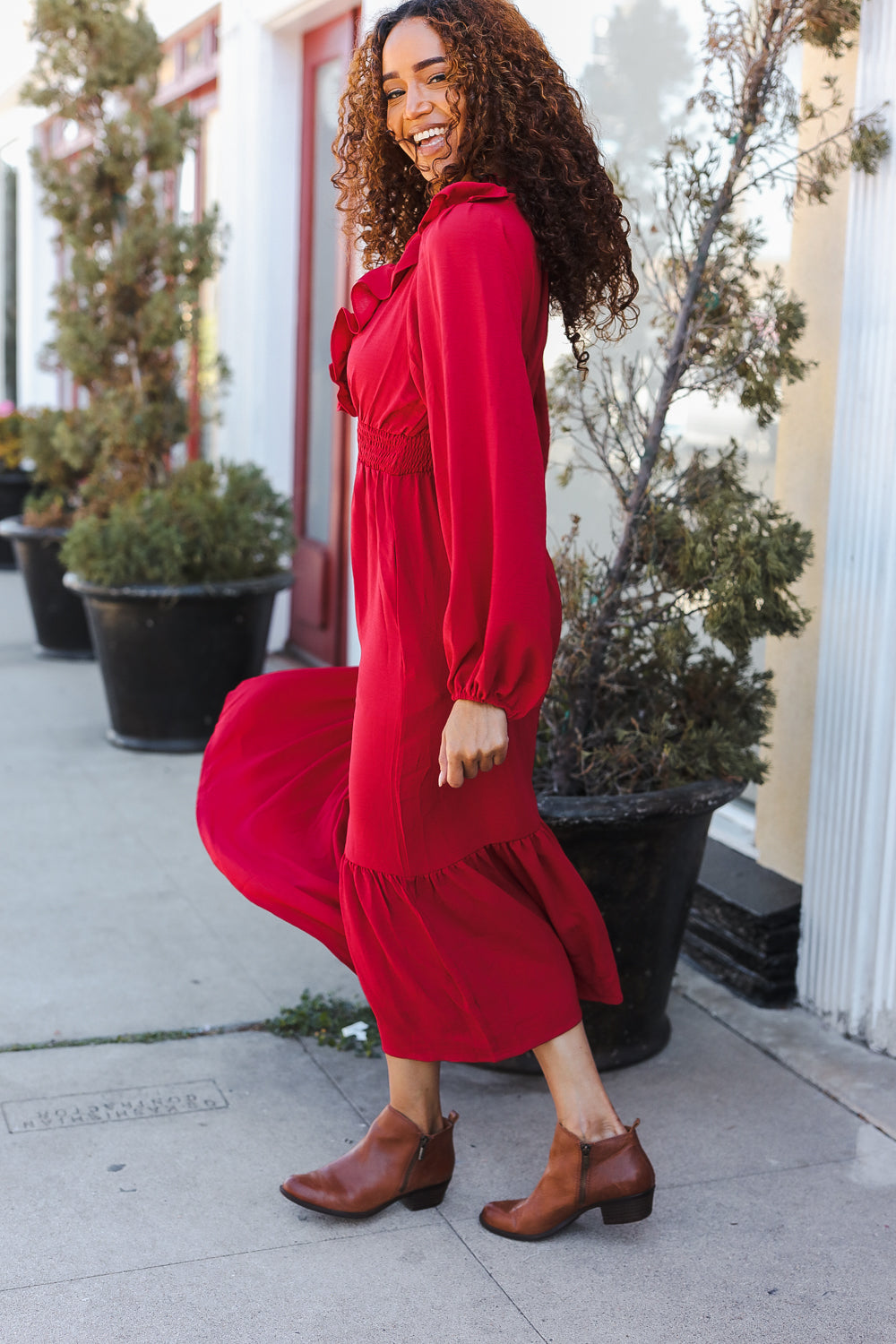 Holiday Red Overlap Ruffle V Neck Midi Dress