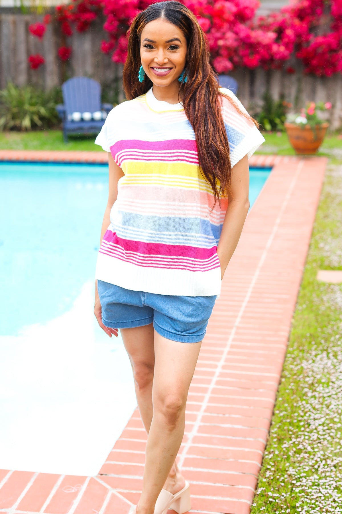 HAPTICS Blue & Fuchsia Striped Short Dolman Sleeve Knit Top