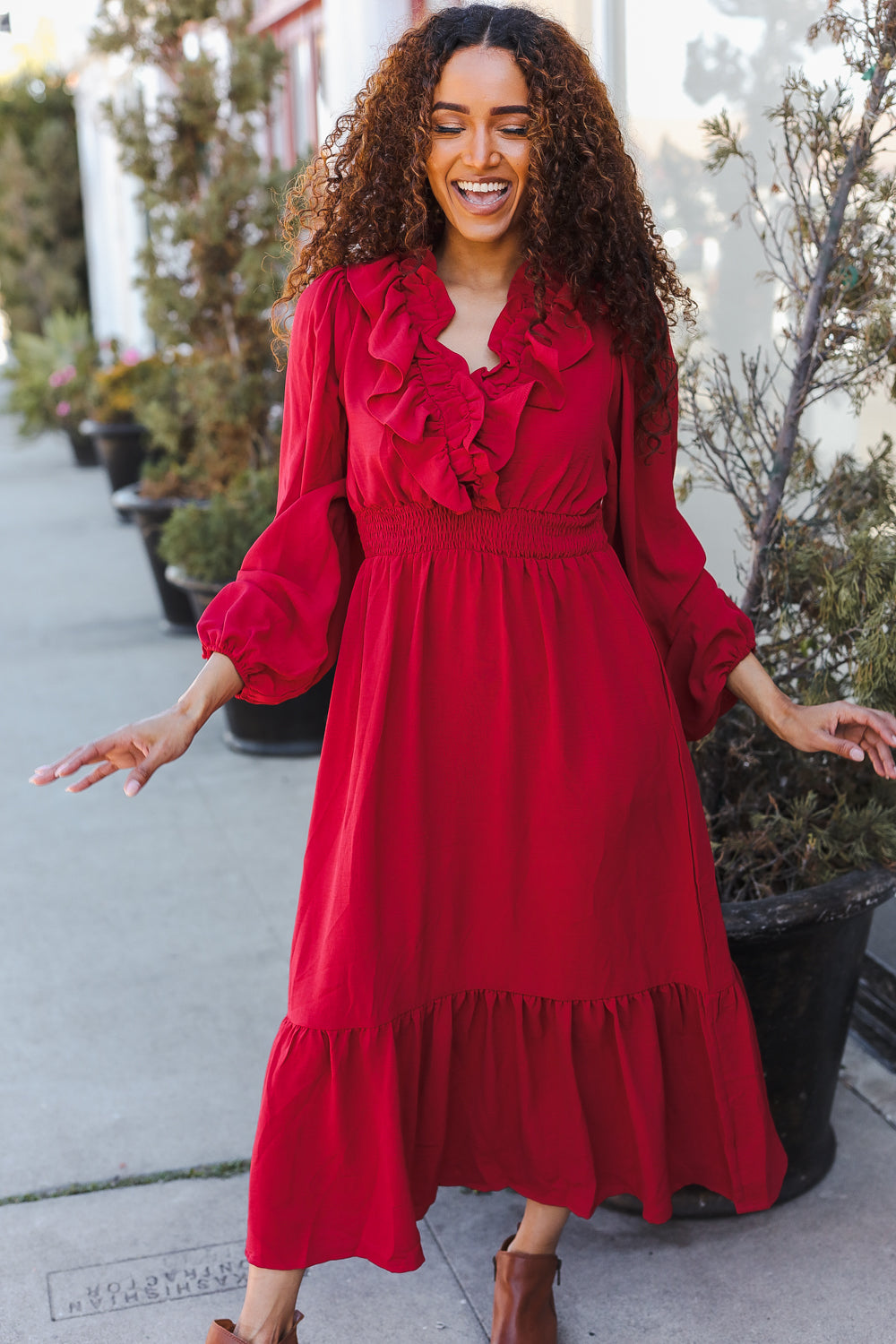 Holiday Red Overlap Ruffle V Neck Midi Dress