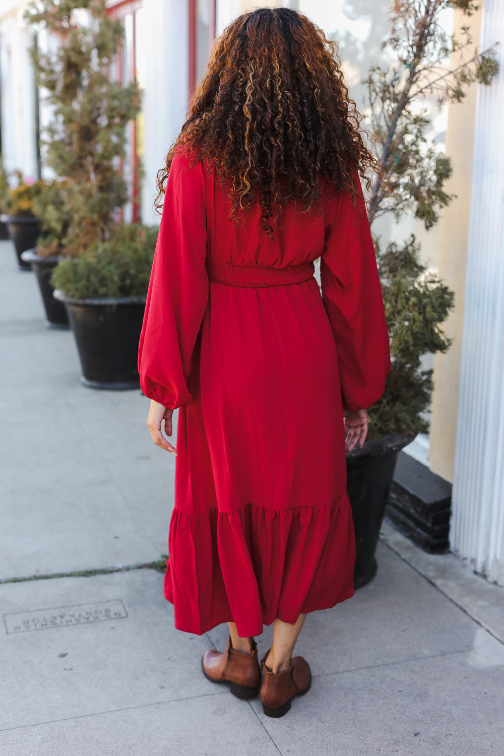 Holiday Red Overlap Ruffle V Neck Midi Dress