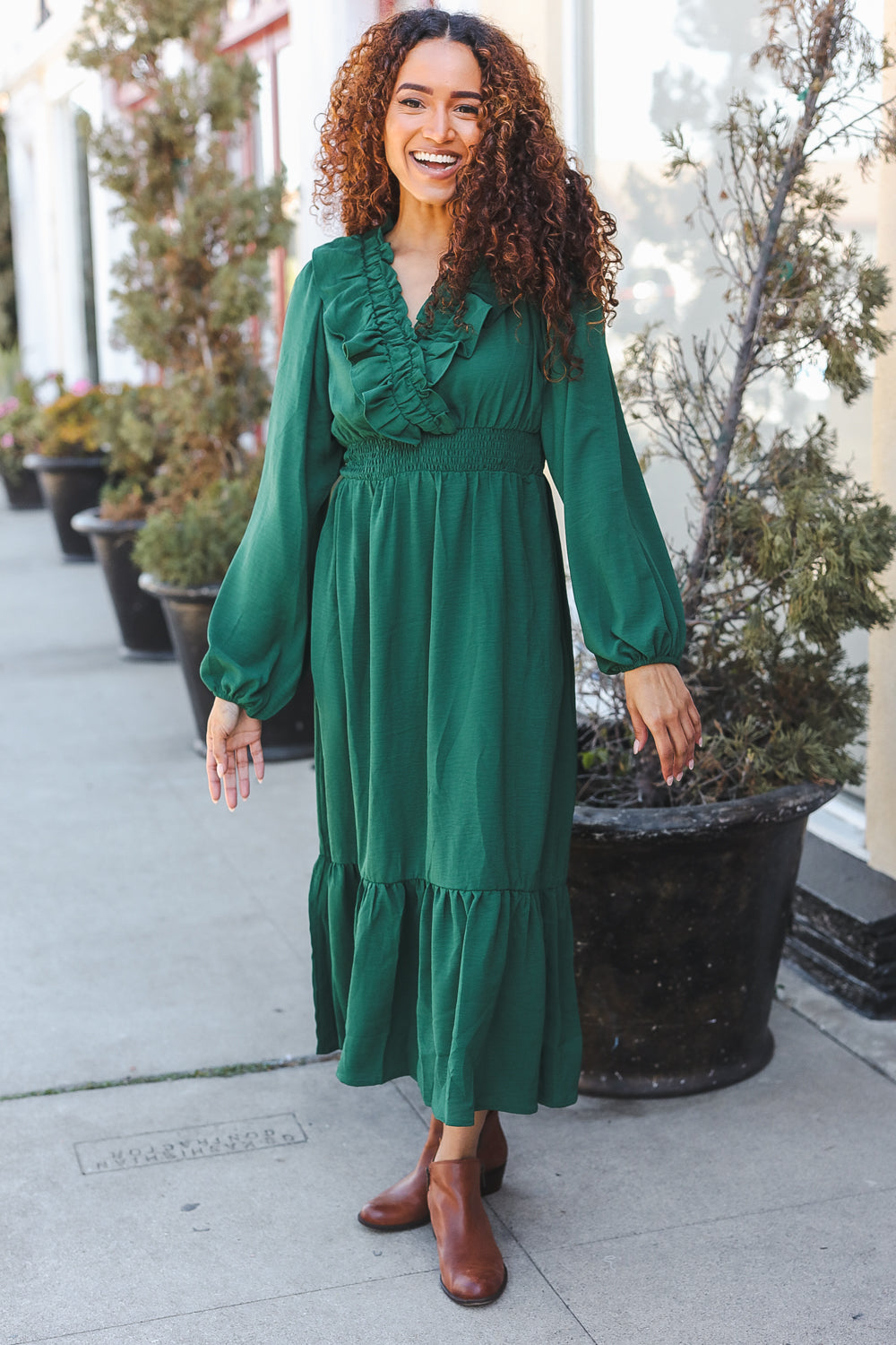 Holiday Green Overlap Ruffle V Neck Midi Dress