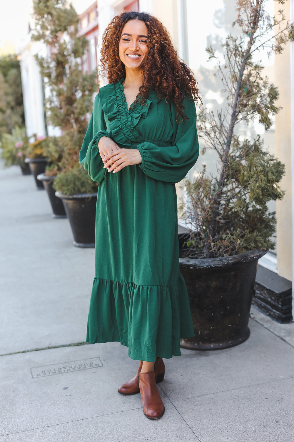 Holiday Green Overlap Ruffle V Neck Midi Dress