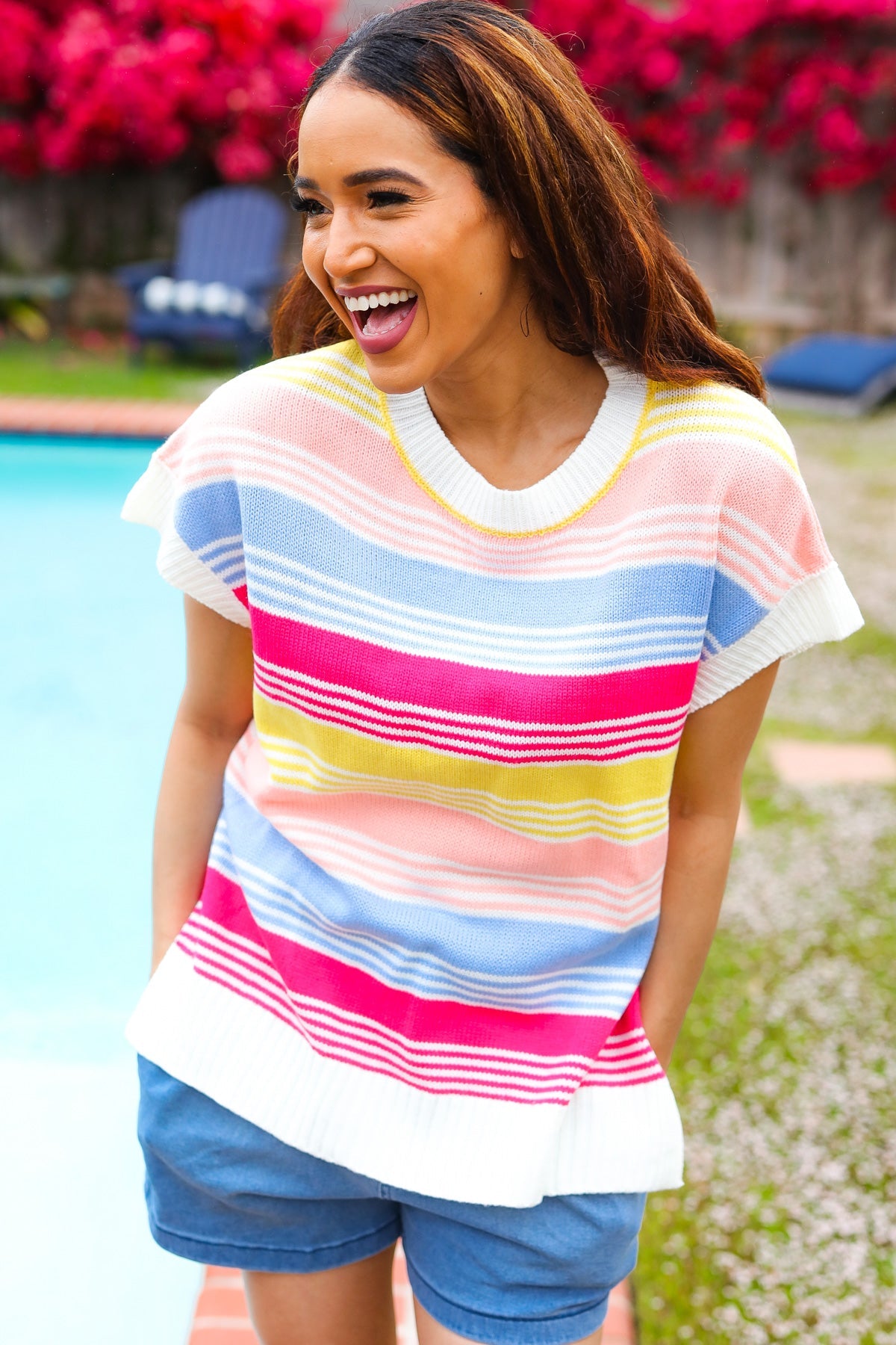 HAPTICS Blue & Fuchsia Striped Short Dolman Sleeve Knit Top