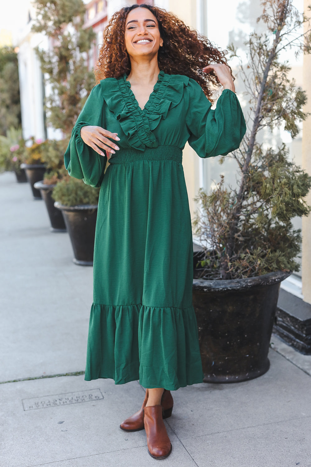 Holiday Green Overlap Ruffle V Neck Midi Dress