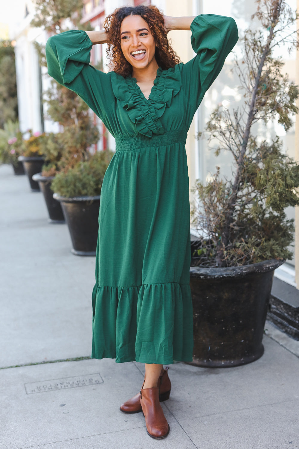 Holiday Green Overlap Ruffle V Neck Midi Dress