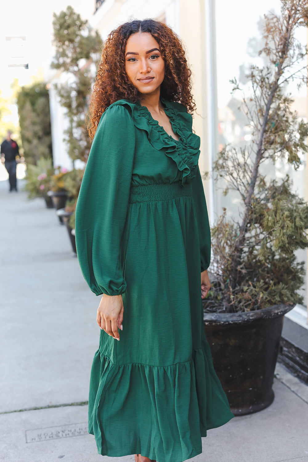 Holiday Green Overlap Ruffle V Neck Midi Dress