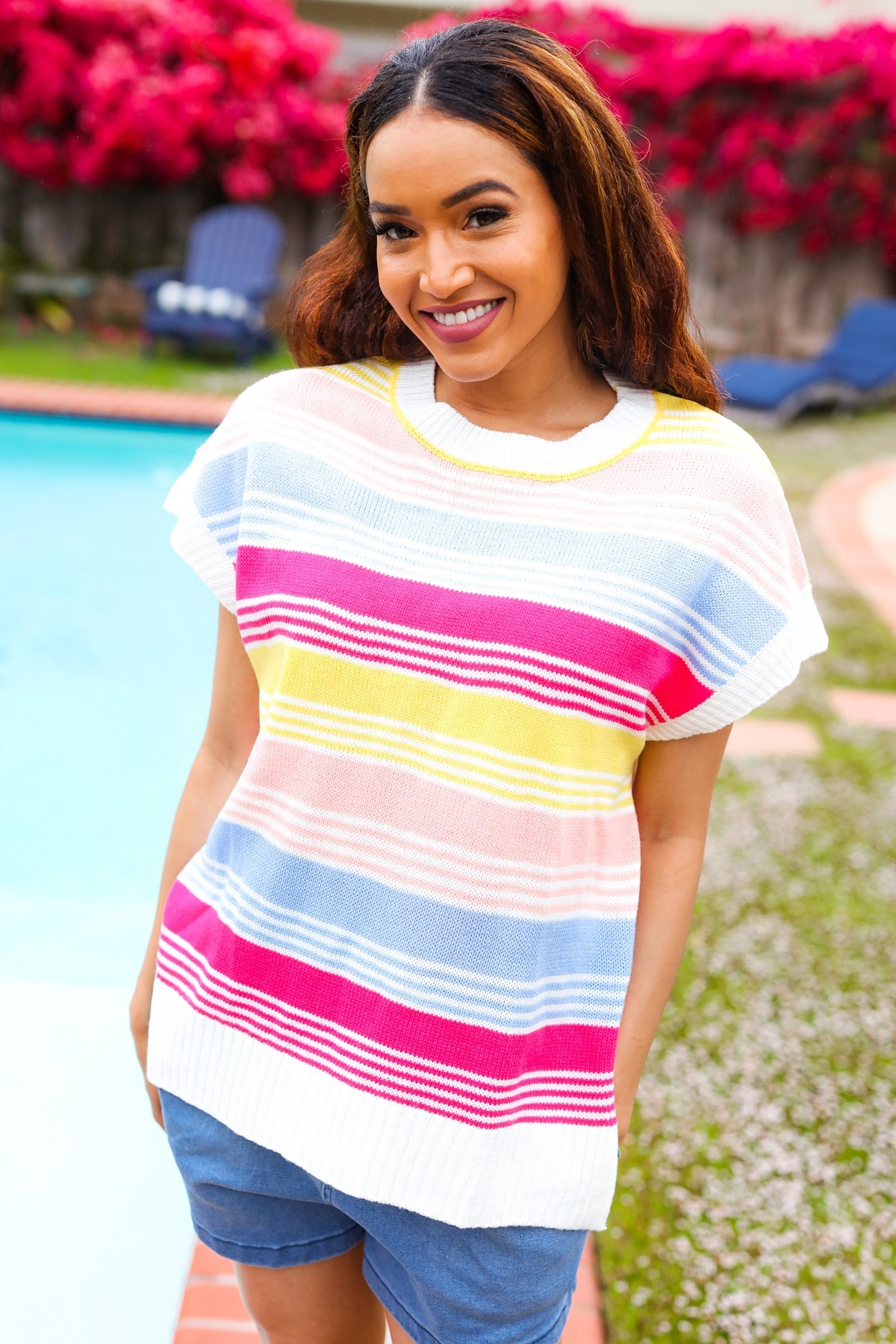 HAPTICS Blue & Fuchsia Striped Short Dolman Sleeve Knit Top