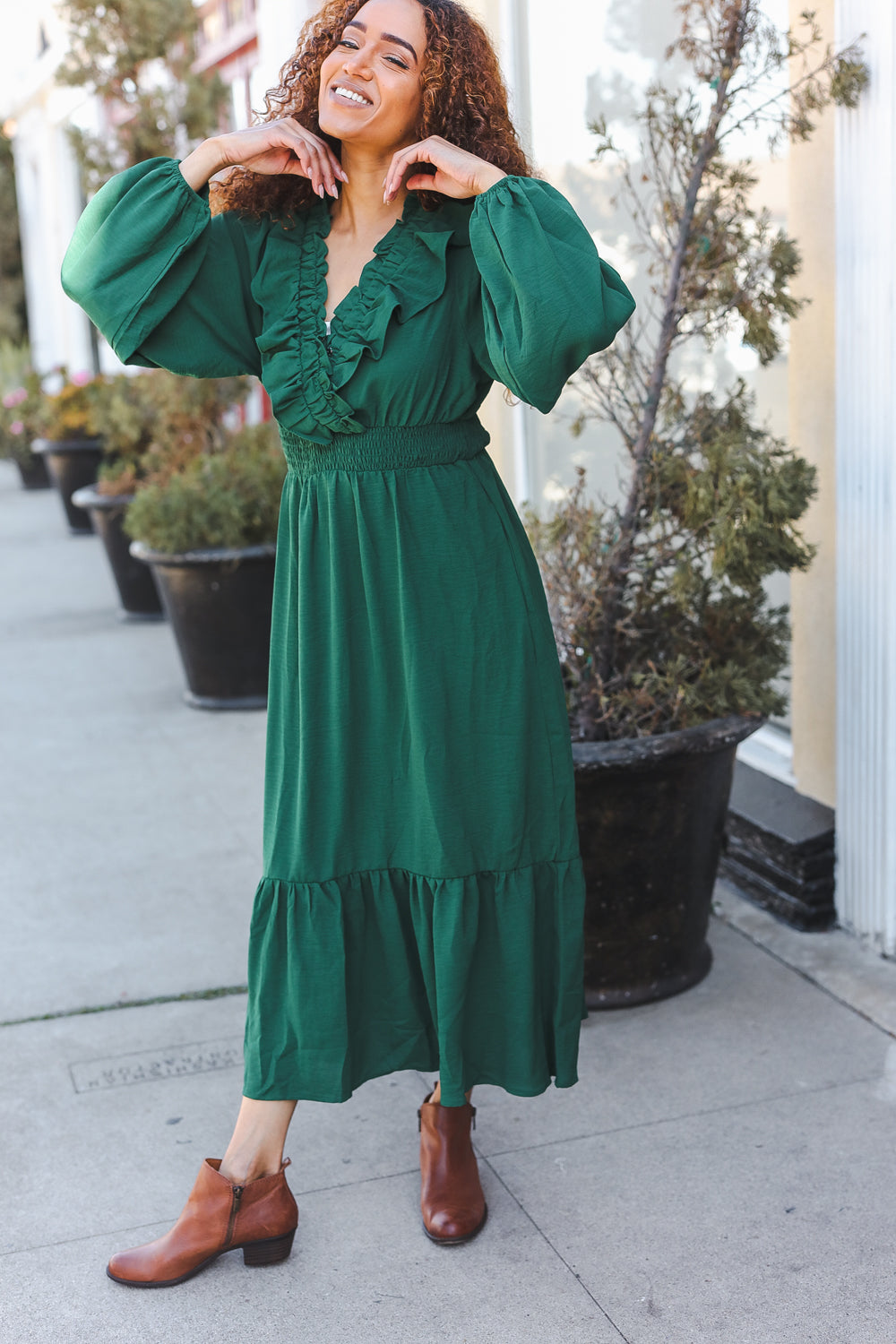 Holiday Green Overlap Ruffle V Neck Midi Dress