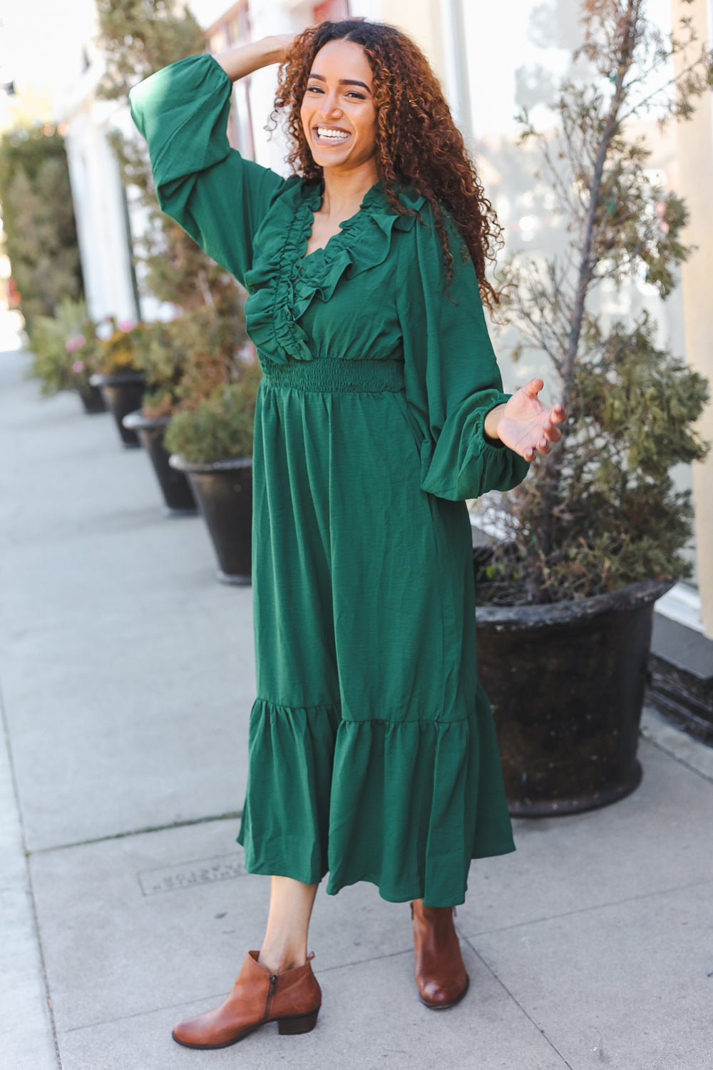 Holiday Green Overlap Ruffle V Neck Midi Dress