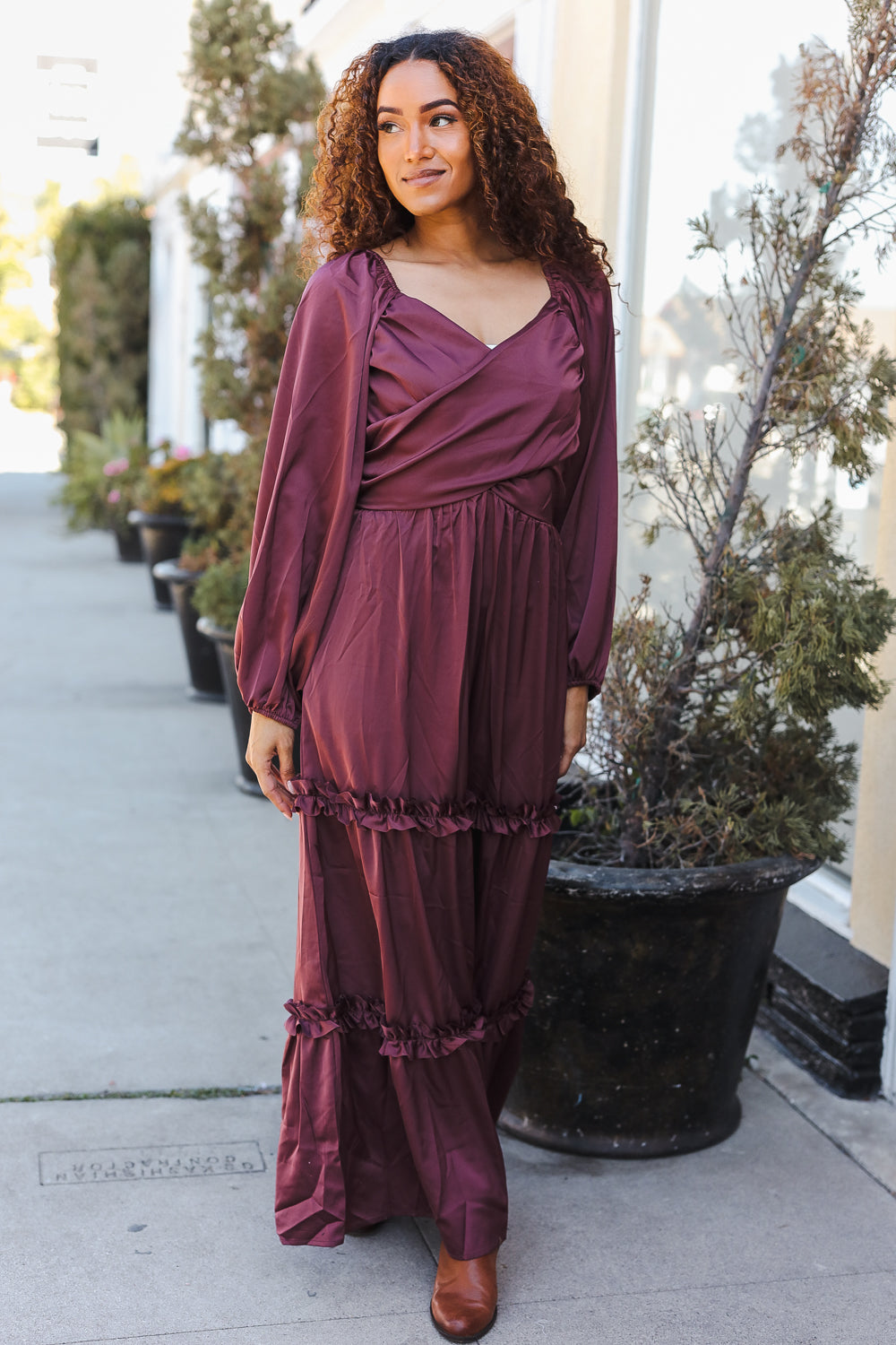 Wine Satin Front Overlap Smocked Back Maxi Dress