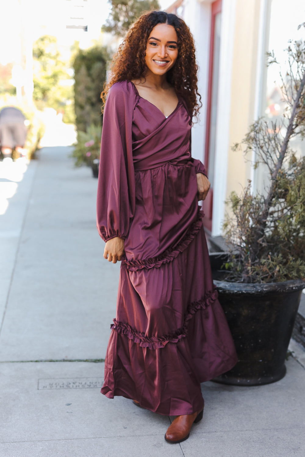 Wine Satin Front Overlap Smocked Back Maxi Dress