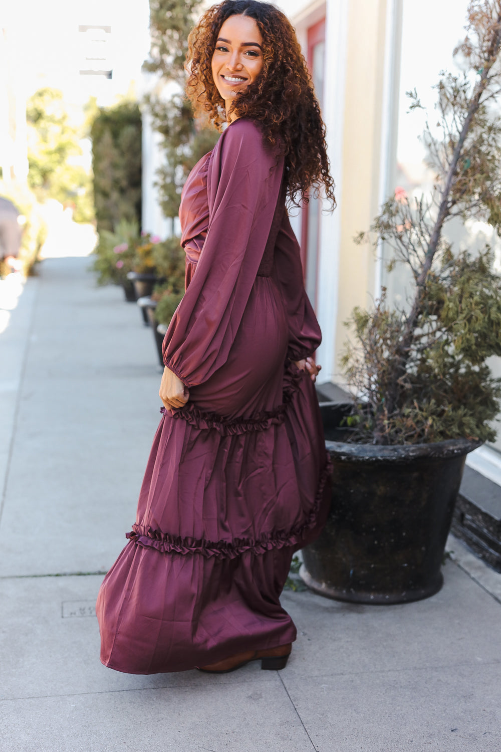 Wine Satin Front Overlap Smocked Back Maxi Dress