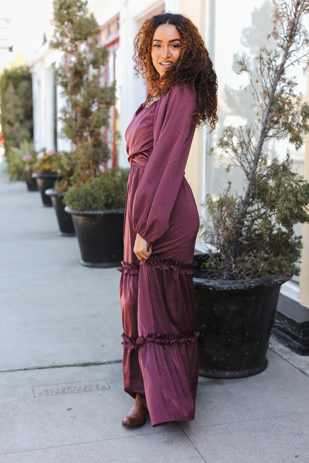 Wine Satin Front Overlap Smocked Back Maxi Dress