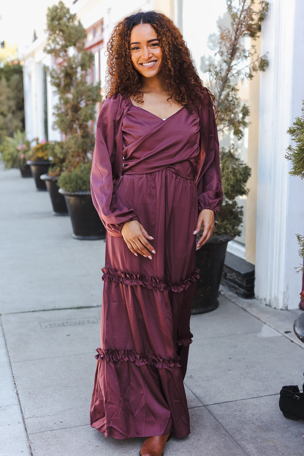 Wine Satin Front Overlap Smocked Back Maxi Dress