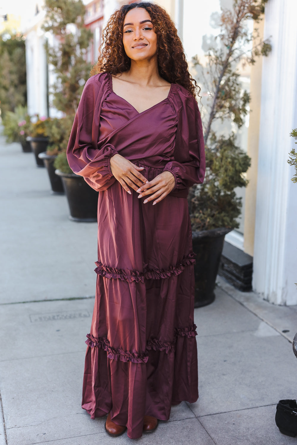 Wine Satin Front Overlap Smocked Back Maxi Dress