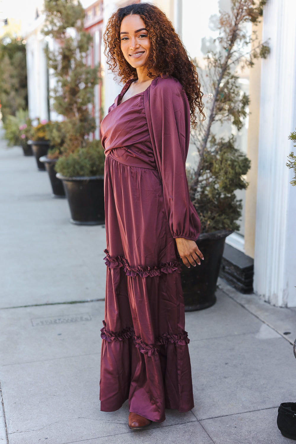 Wine Satin Front Overlap Smocked Back Maxi Dress