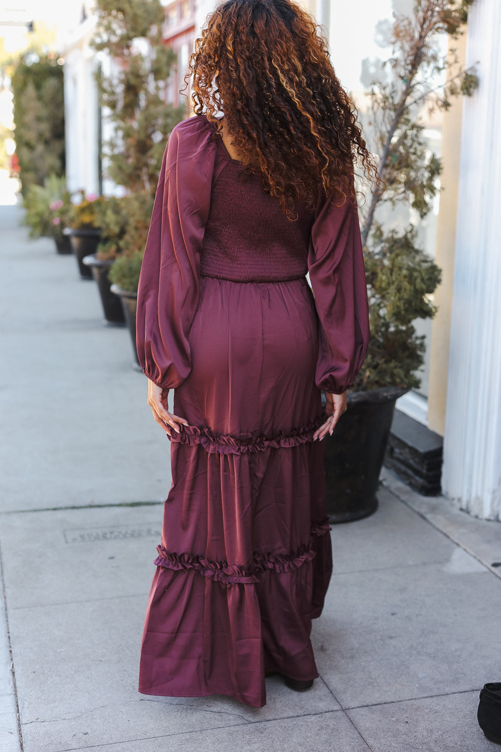 Wine Satin Front Overlap Smocked Back Maxi Dress