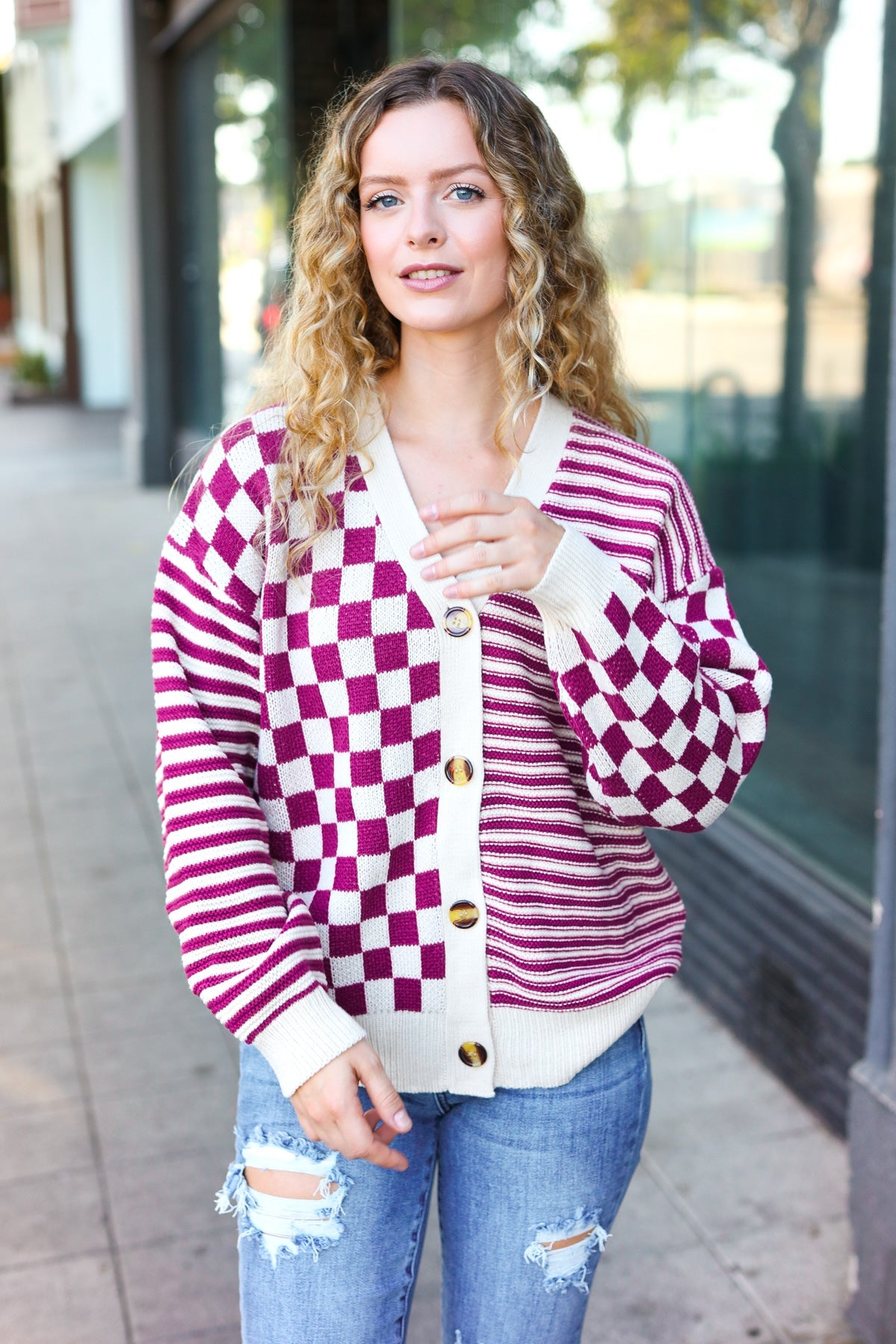 Haptics Magenta Checkered & Striped Button-Down Cardigan