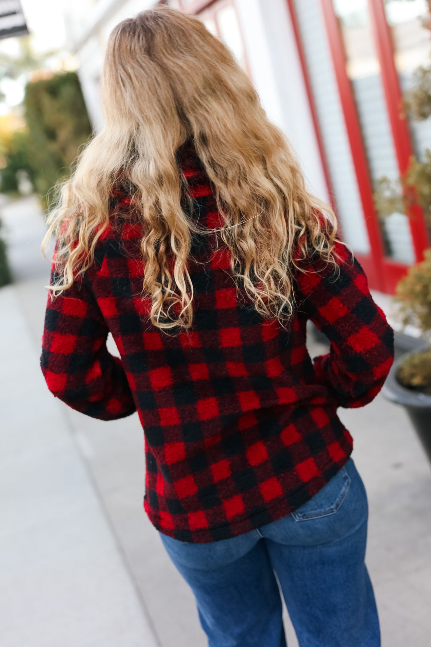 So Cozy Red Sherpa Plaid Asymmetrical Zip Sweater Top