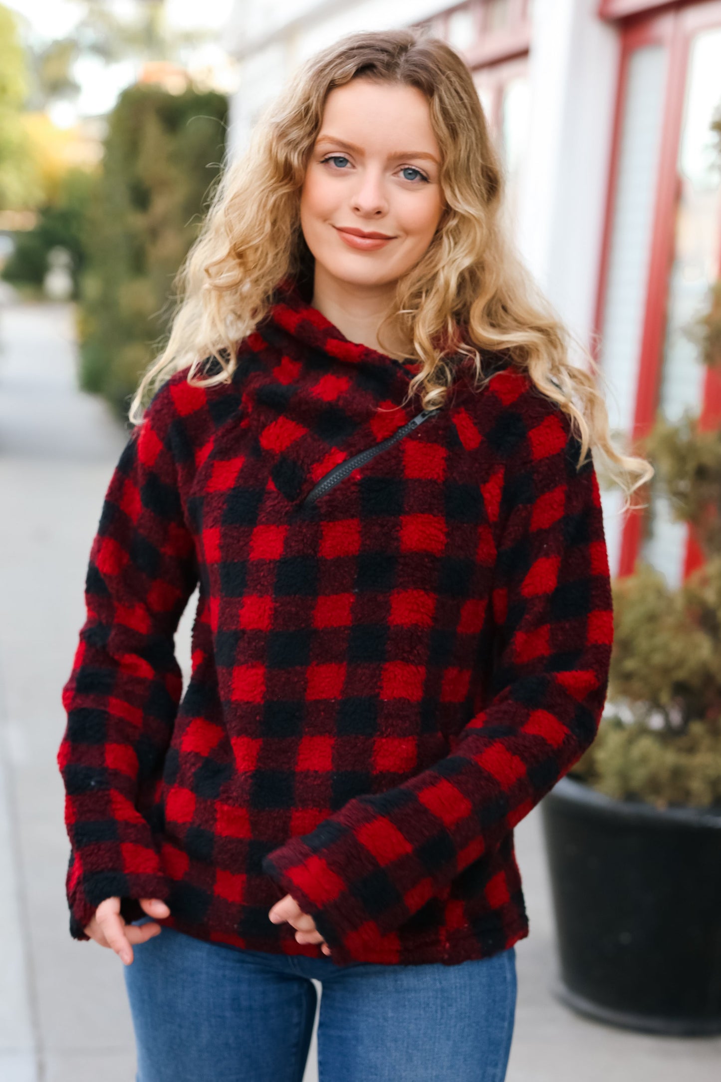 So Cozy Red Sherpa Plaid Asymmetrical Zip Sweater Top