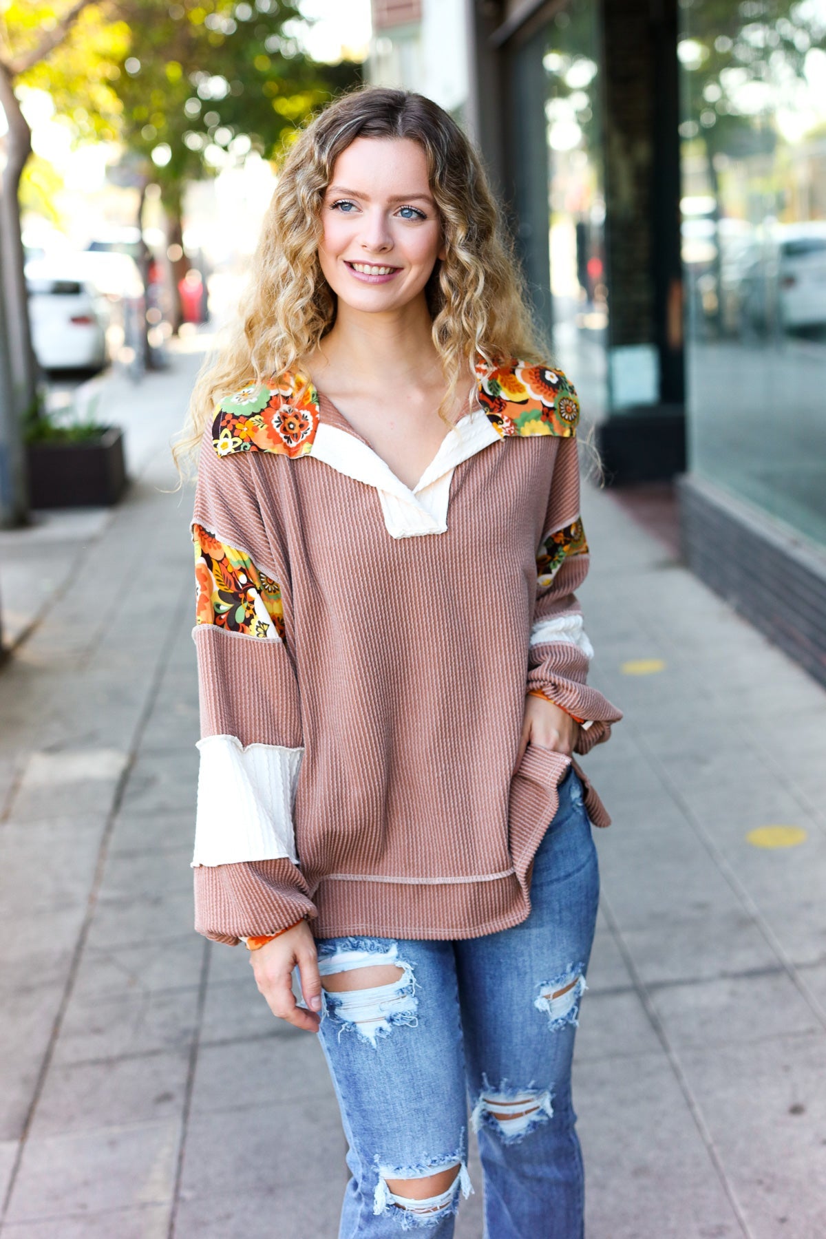 Haptics Caramel Floral Print Colorblock Notch Neck Top