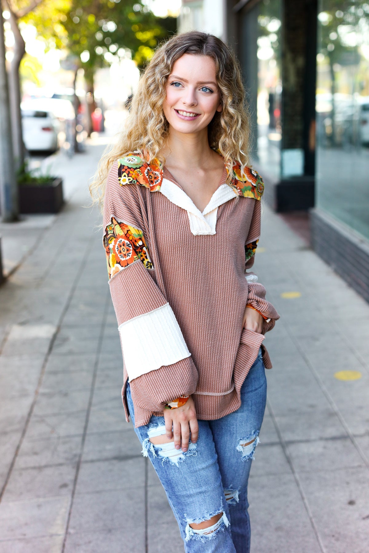 Haptics Caramel Floral Print Colorblock Notch Neck Top