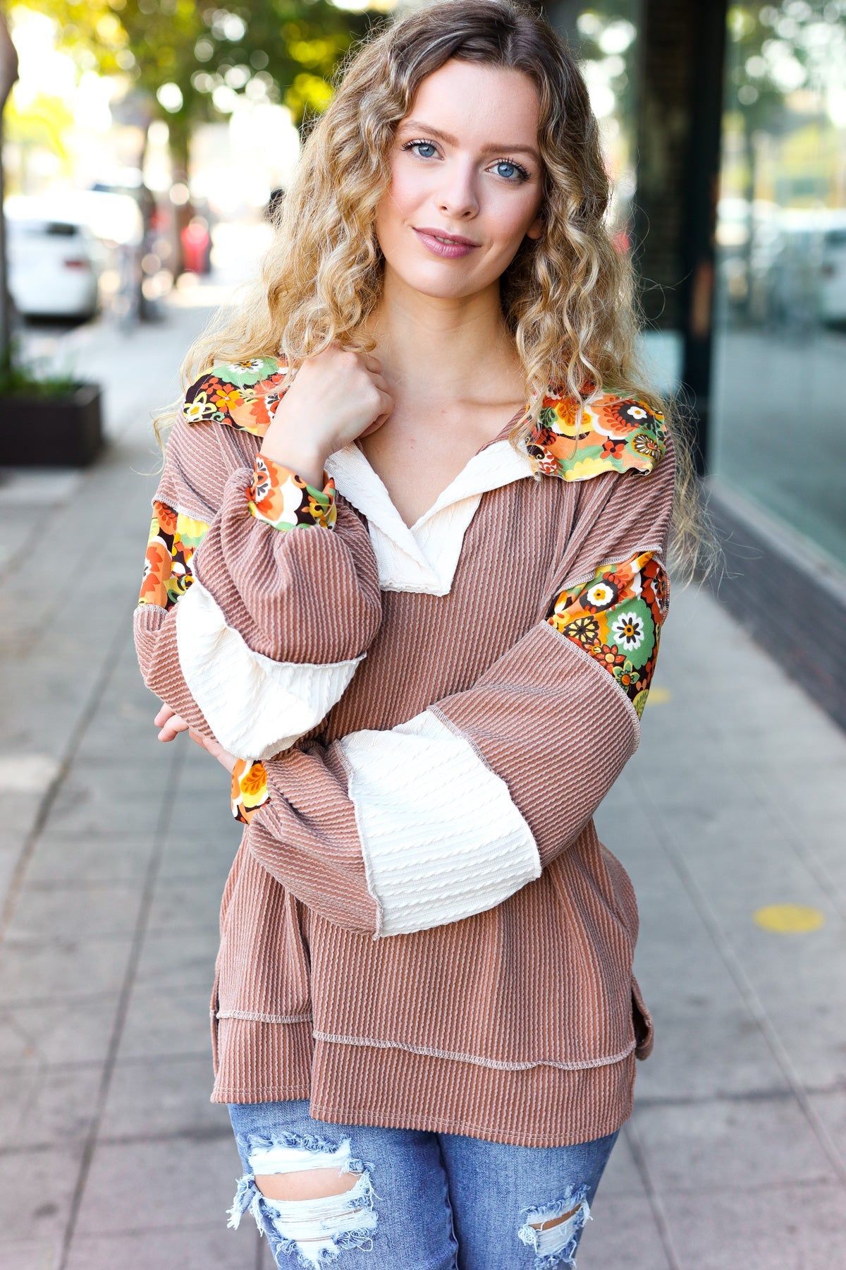 Haptics Caramel Floral Print Colorblock Notch Neck Top