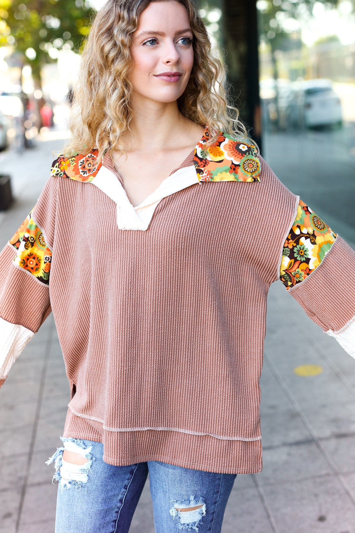 Haptics Caramel Floral Print Colorblock Notch Neck Top