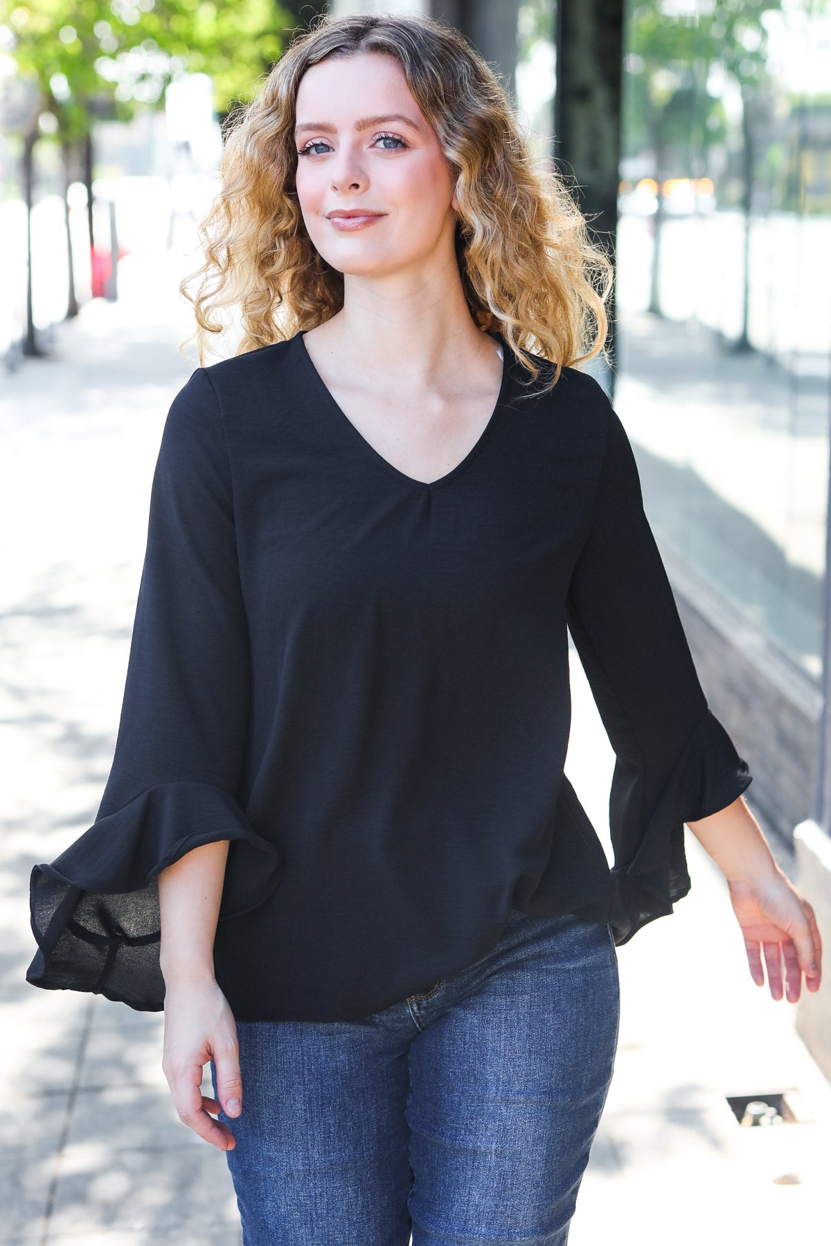 Haptics Black Hi-Lo Ruffle Sleeve Woven Top