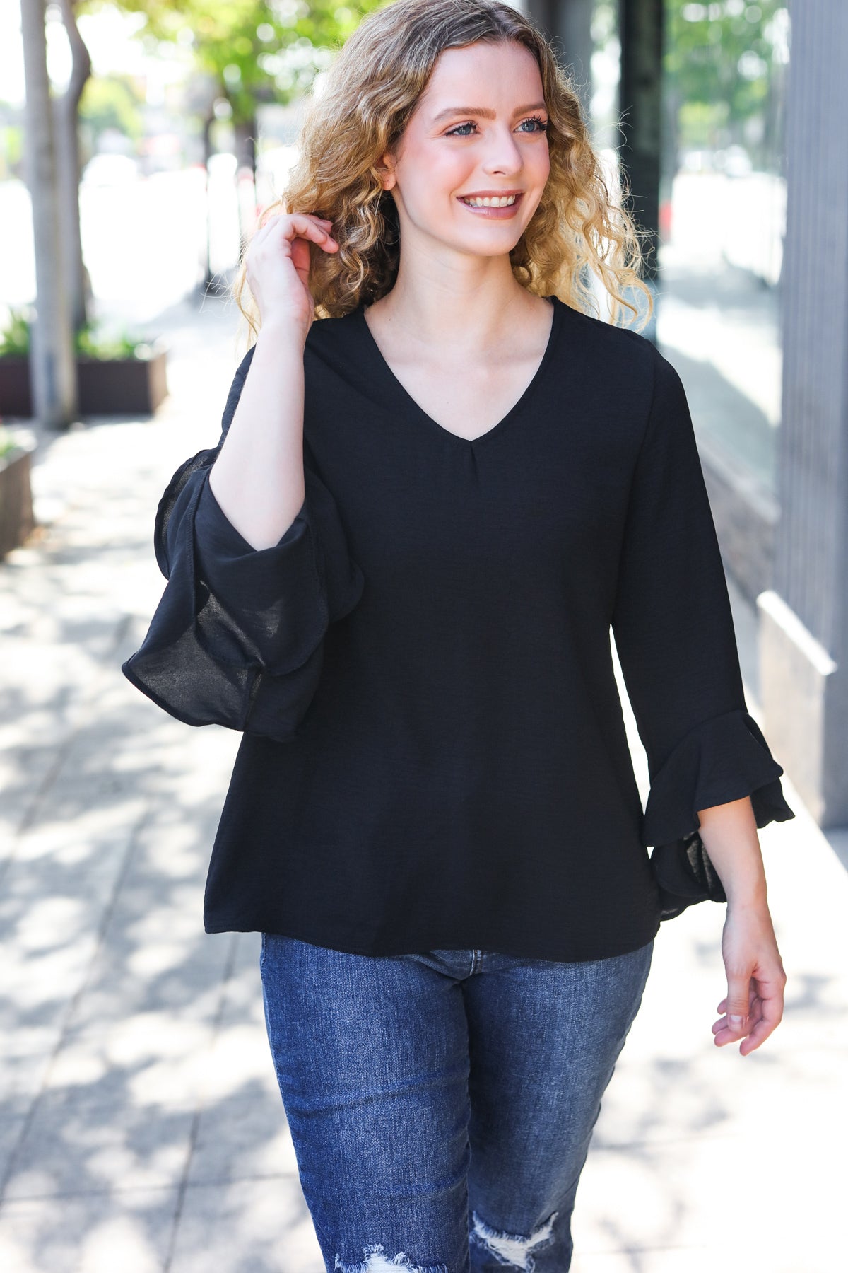 Haptics Black Hi-Lo Ruffle Sleeve Woven Top